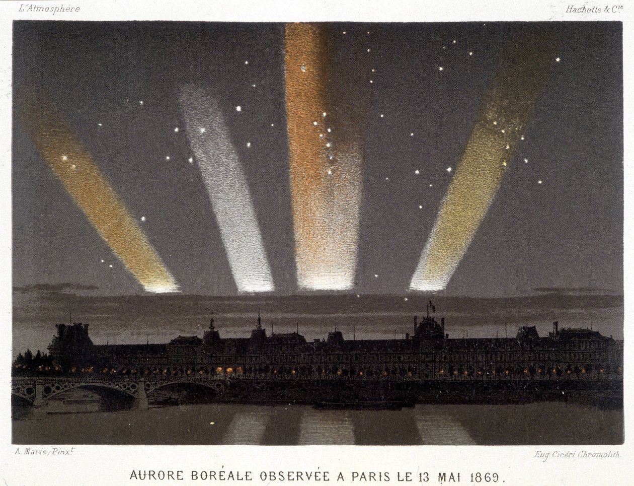 Aurora Borealis observeret i Paris den 13/05/1869 - i "" Magnetism and Electricity"" af Amédée Guillemin af Unknown artist