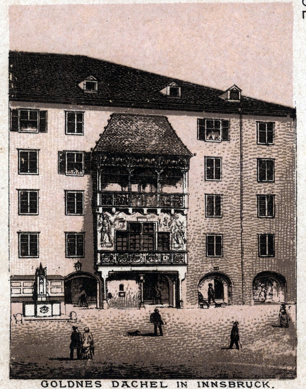 Østrigsk Tyrol: udsigt fra balkonen siger det gyldne tag (Goldnes Dachel) i Innsbruck. i "" Verden illustrerer 168 visninger"" Udateret (slutningen af det 19. århundrede) af Unknown artist