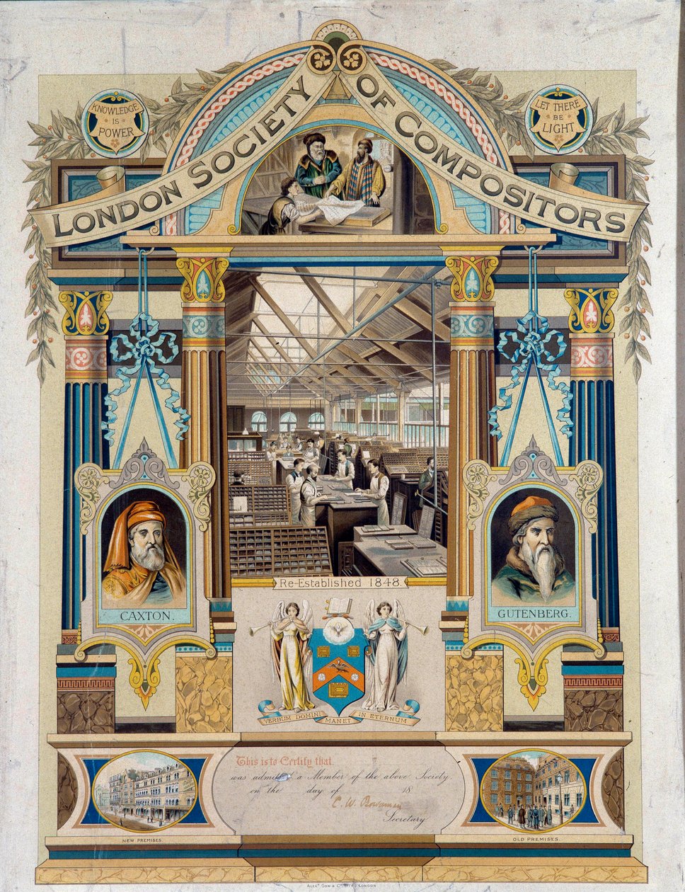 Autografcertifikat for clavist (trykkeoperatør) udstedt af Society of Clavists of London. Det er dekoreret med portrætter af Johannes Gutenberg og Willima Caxton. 1800-tallets privatsamling af Unknown artist