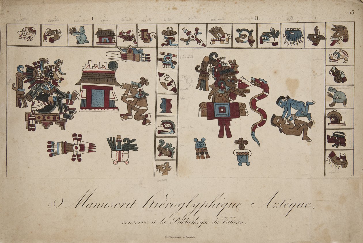 Aztekisk hieroglyfisk manuskript i Vatikanets bibliotek (litografi) af Unknown artist