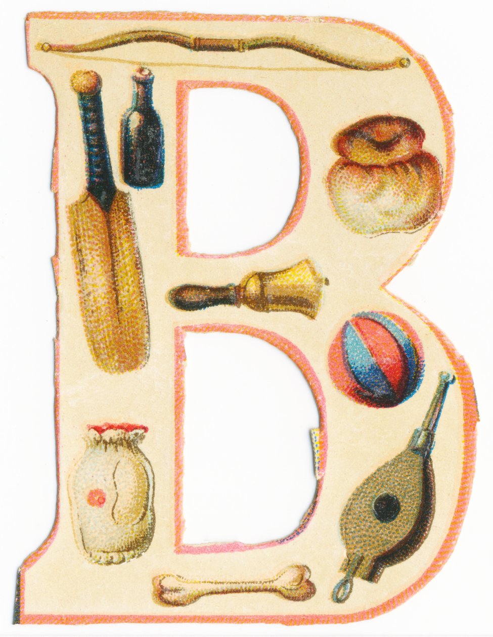 B: bue, bat af baseball, flaske, brioche, klokke, ballon, knogle, taske, bælge (farve litho) af Unknown artist