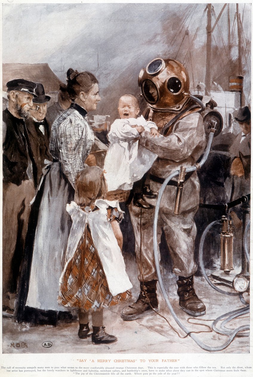 Baby græder i armene på sin fars scaphandler. af Unknown artist