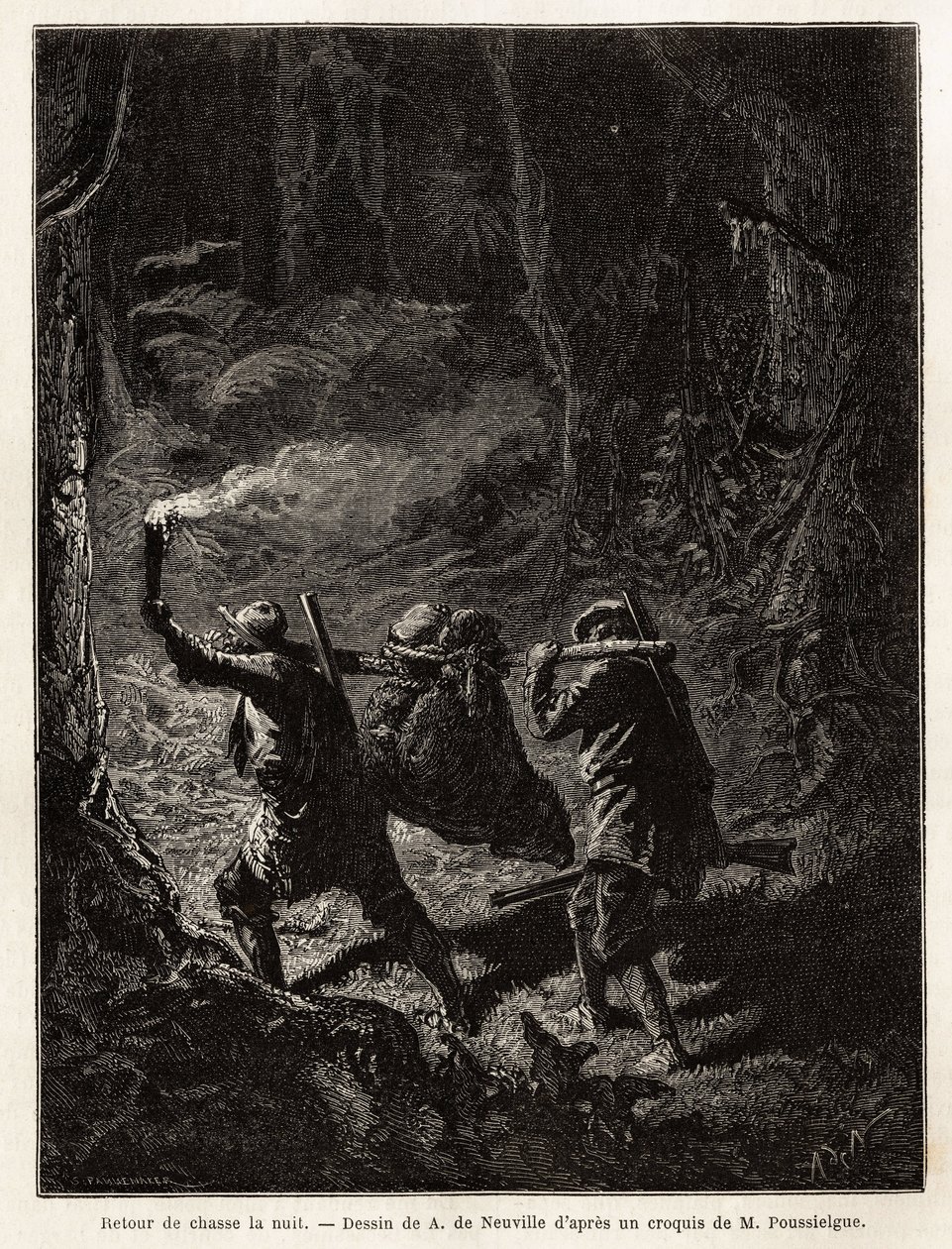 Tilbage fra jagt om natten bliver byttet, en bjørn, bundet og suspenderet fra en gren, som jægerne bærer på skulderen. Gravering til illustration af historien Quatre mois en Florida, af M. Pousselgue, i 1851-1852, udgivet i "" le tour du monde", under af Unknown artist