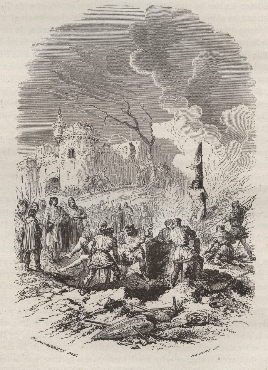 Baldwin V, greve af Flandern (1012-1067) genetablerer politiet i dets stater - Indgravering 1868 i "Belgiens historie fra primitive tider til slutningen af regne af Leopold I" af Theodore Juste (1818-1888) - Privat kollektion af Unknown artist