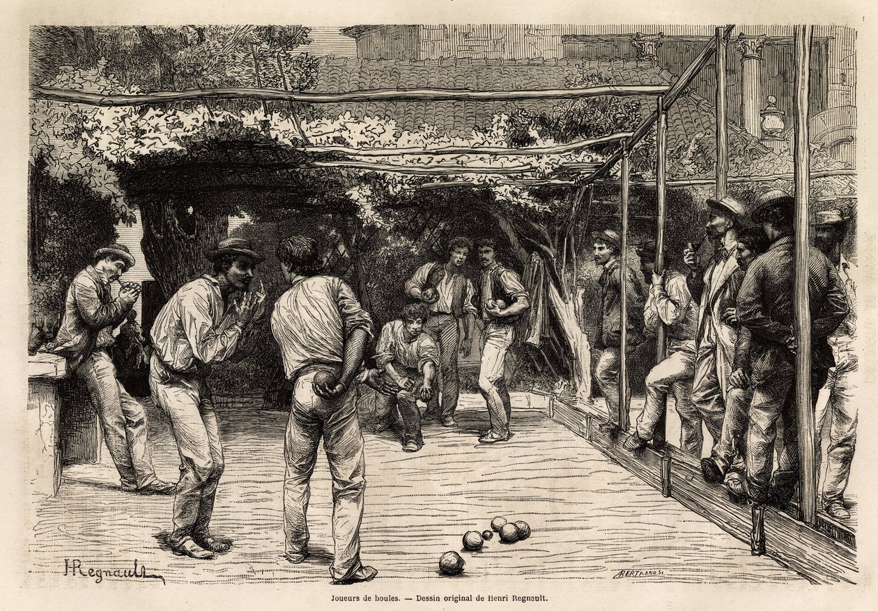 Boldspillere i Rom (Italien). Gravering til illustration af rejsen til Rom, af Francis Wey, i 1864-1868, offentliggjort i "Le tour du monde, nouveau journal des voyages", under ledelse af Edouard Charton af Unknown artist