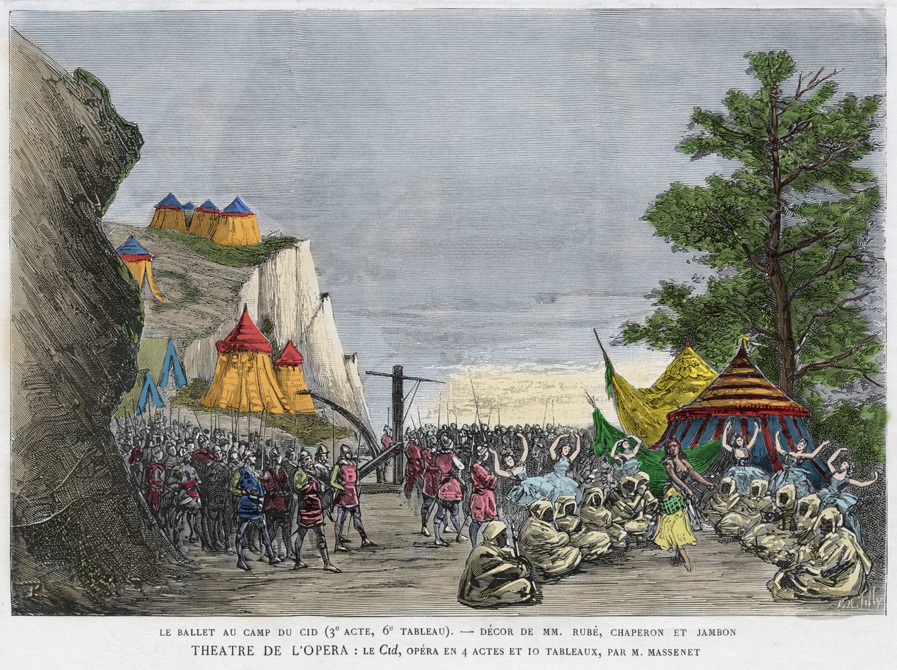 Balletscene i militærlejren for Cid Illustration af "" Le Cid"" opera af Jules Massenet, efter stykket af Pierre Corneille og digtet af Guillen de Castro. Indgravering af det 19. århundrede af Unknown artist