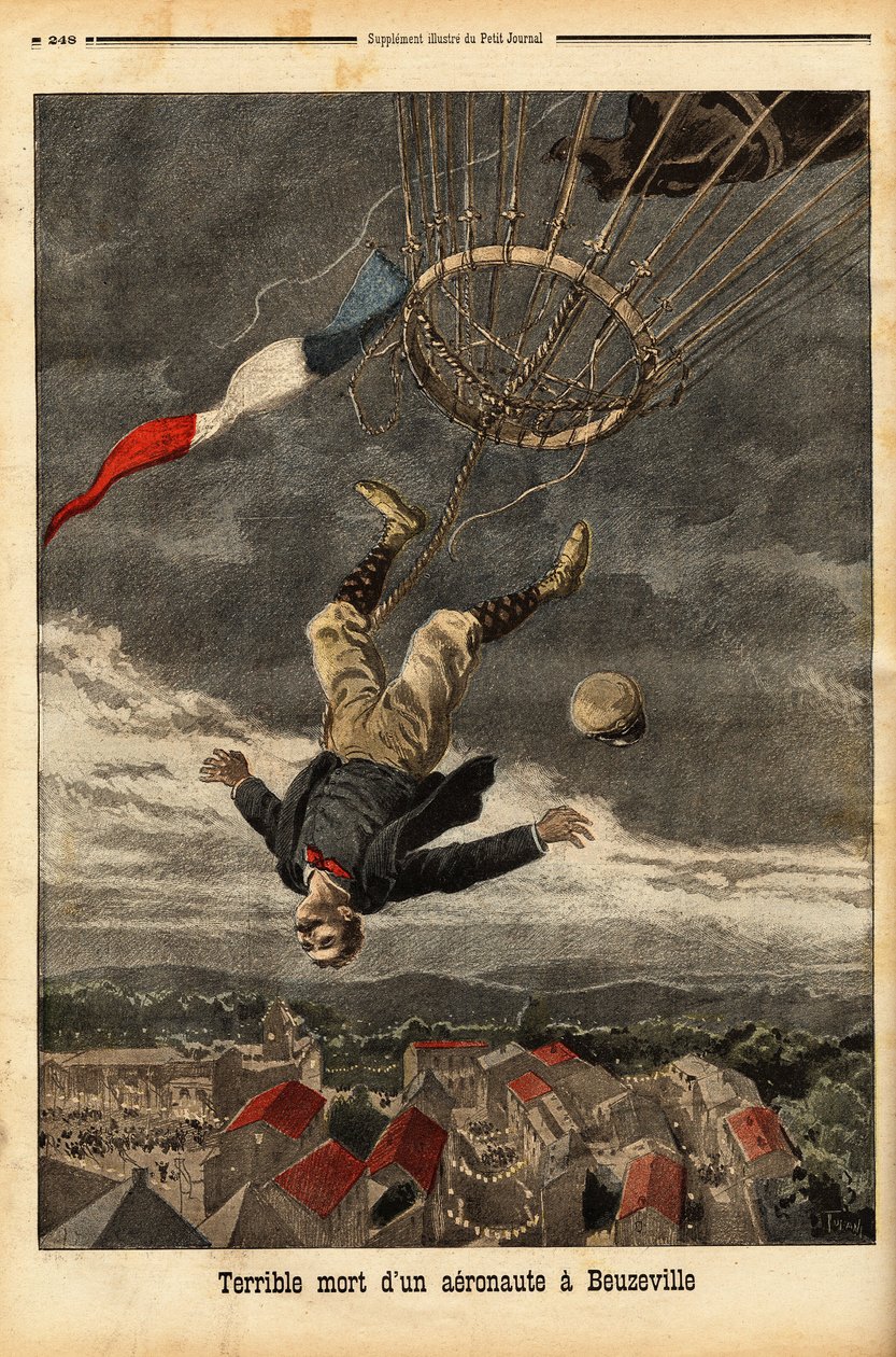 Ballonulykke i Beuzeville, efter et tab af gas, mistede flyvemanden kontrollen og faldt fra sin ballon, hvor han var gået om bord uden nacelle. Indgravering i "" Le petit journal"" 30/7/1899. Selva samling. af Unknown artist