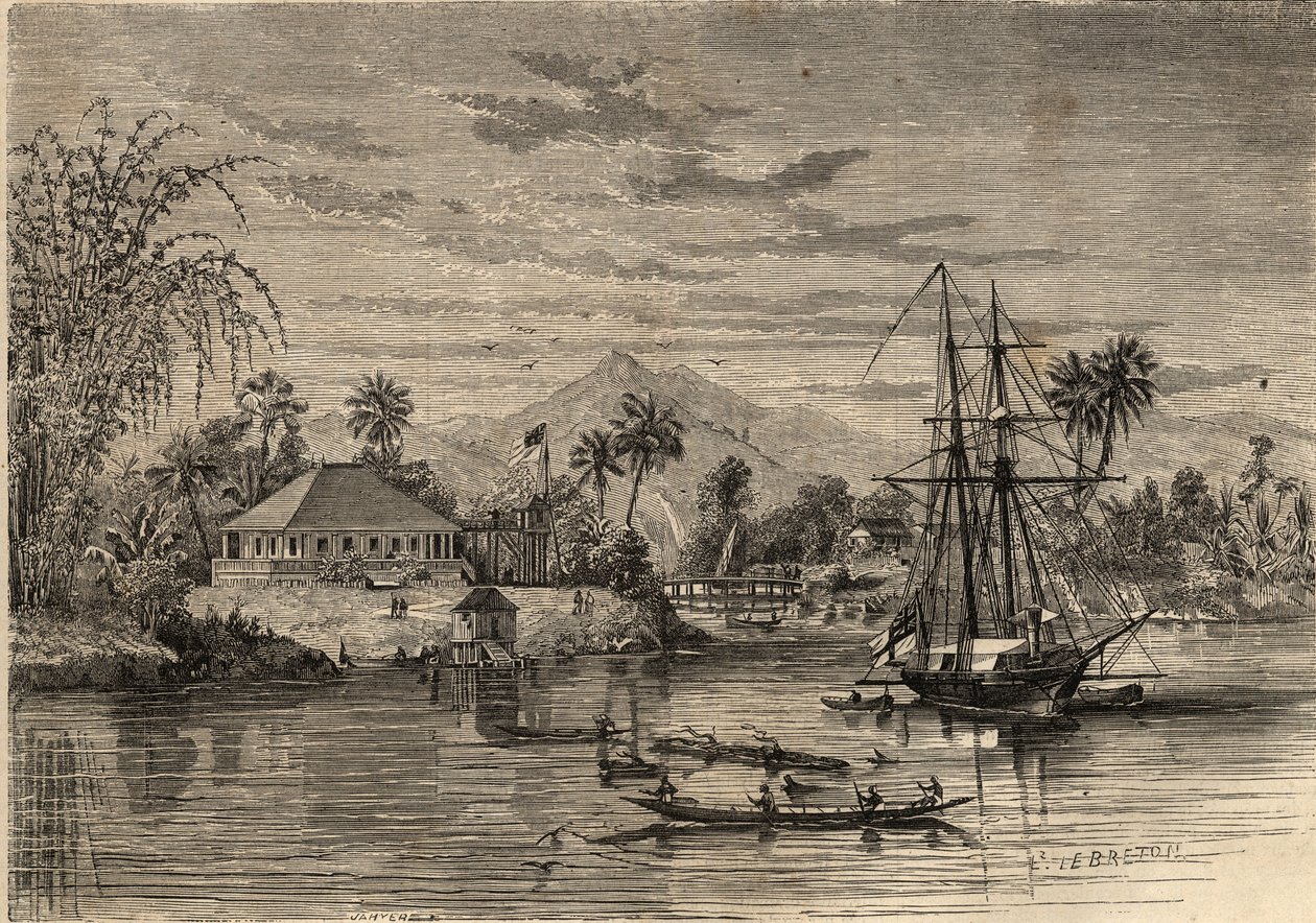Bangalow, hjemsted for Sir James Brooke, kendt som Rajah of Sarawak (1803-1868) Britisk eventyrer første hvide rajah af Sarawak i nærheden af Sarawak (Borneo). Stik i “Le Monde illustrious”” fra 1857. Privat samling. af Unknown artist