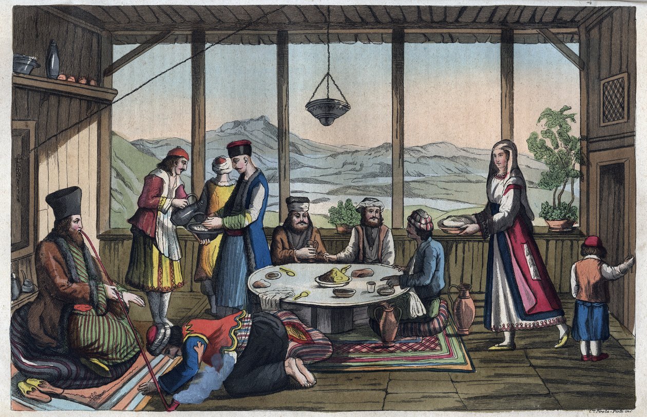 Banketscene i Grækenland i det 19. århundrede - indgravering fra "" Skikke og traditioner for alle mennesker i universet. Det vil sige historien om regeringen, lovene, militsen, om alle nationers religion fra de fjerneste tider til i dag "1856 af Unknown artist
