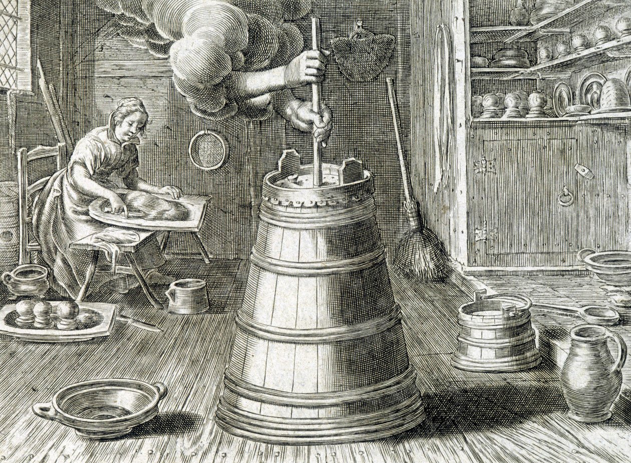Baratte til smør- og ostefremstilling - gravering af Unknown artist