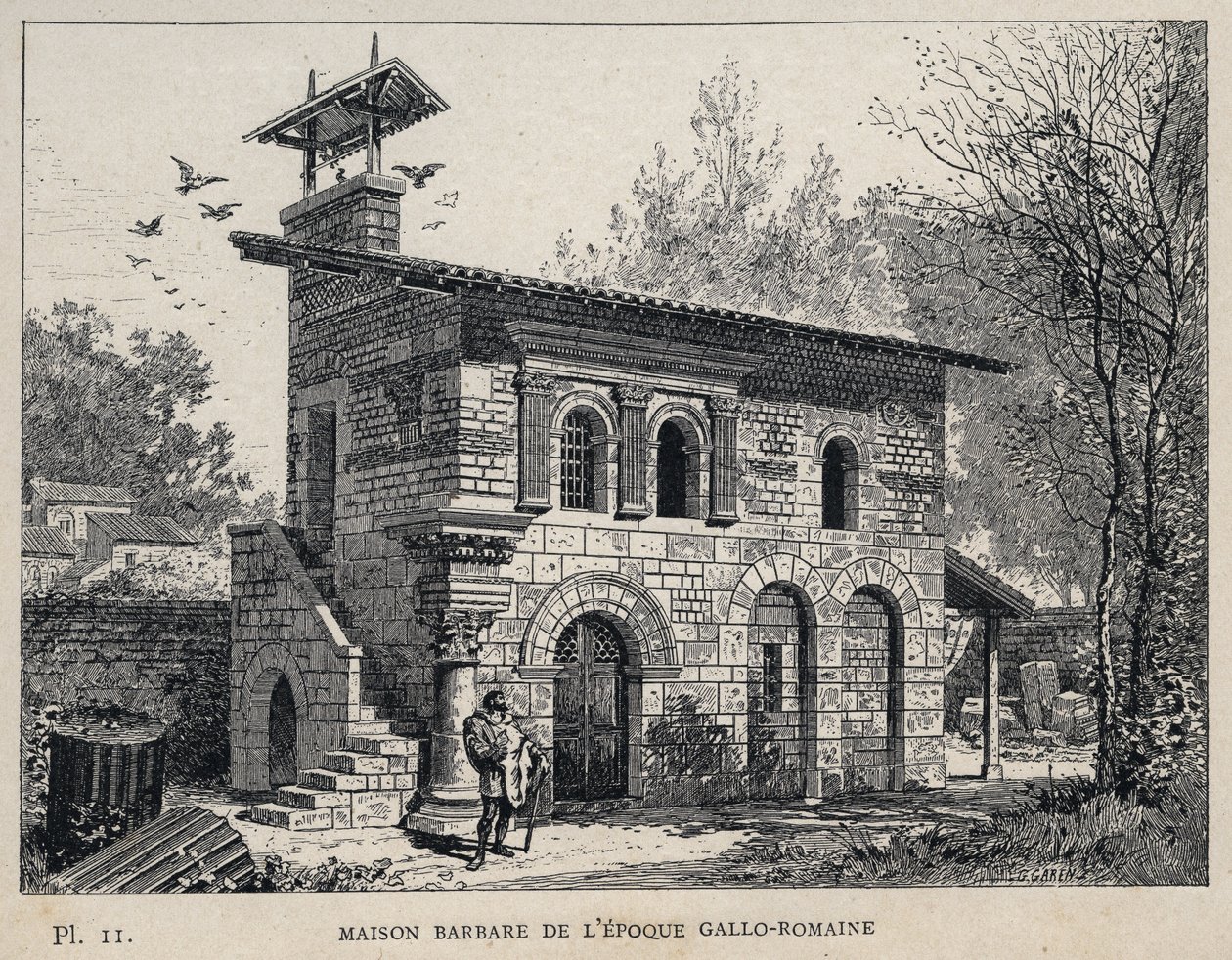 Barbarian House of the Gallo Roman Period (Gallo-roman) - (Barbarian House Gallo Roman era) gravering af 1889 i "Historie om menneskelig beboelse ved verdensudstillingen i 1889, af Mr. Charles GARNIER - Librairie centrale des beaux-arts Paris 1889 af Unknown artist