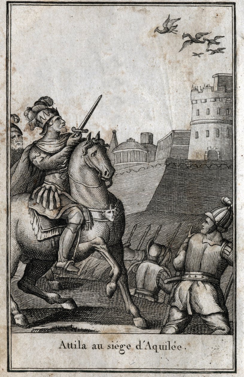 Barbariske invasioner - Attila (ca. 406-453), konge af hunnerne, under belejringen af Aquilee (Aquileia) i Italien, 452. Indgravering i "Beaute de l