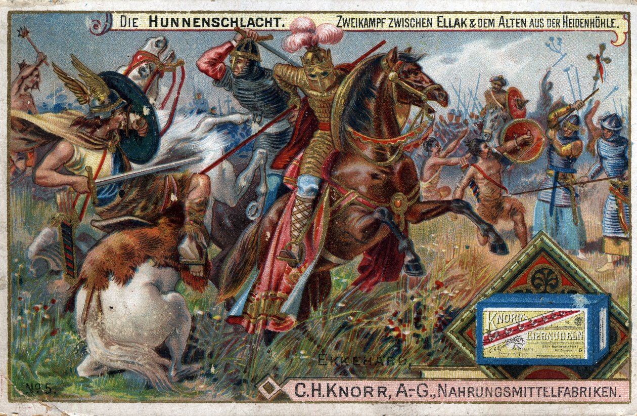 Barbariske invasioner - Historien om Ekkehard IV af St. Gallen eller Eckhard, Eckhart (980 -1057) lærd og latinsk digter. Hunnernes slag. En enestående kamp mellem Ellak og den ældste af Heidenhohle. af Unknown artist