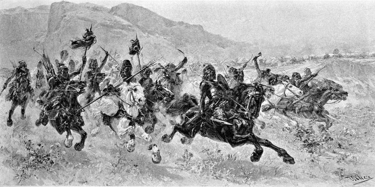 Barbariske invasioner - Les Huns - Gravering af U. Checa af Unknown artist