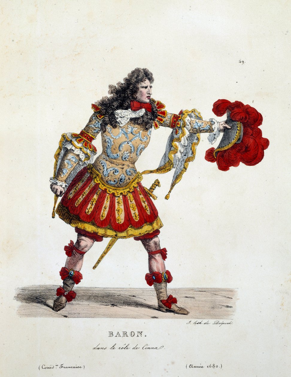 Baronkostume i rollen som Cinna i 1680. Kostume af fransk komedie af Hippolyte Lecomte (1781-1857). Indgravering af det 19. århundrede. Saml. Lad os gå. af Unknown artist