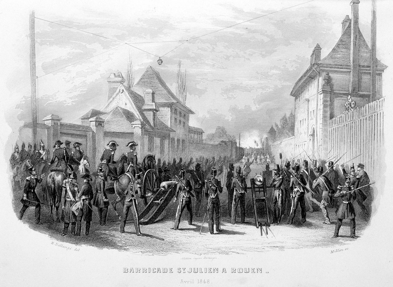 Barricade Saint Julien i Rouen, april 1848 - i "Fasttes de Gardes Nationales de France"" af Unknown artist