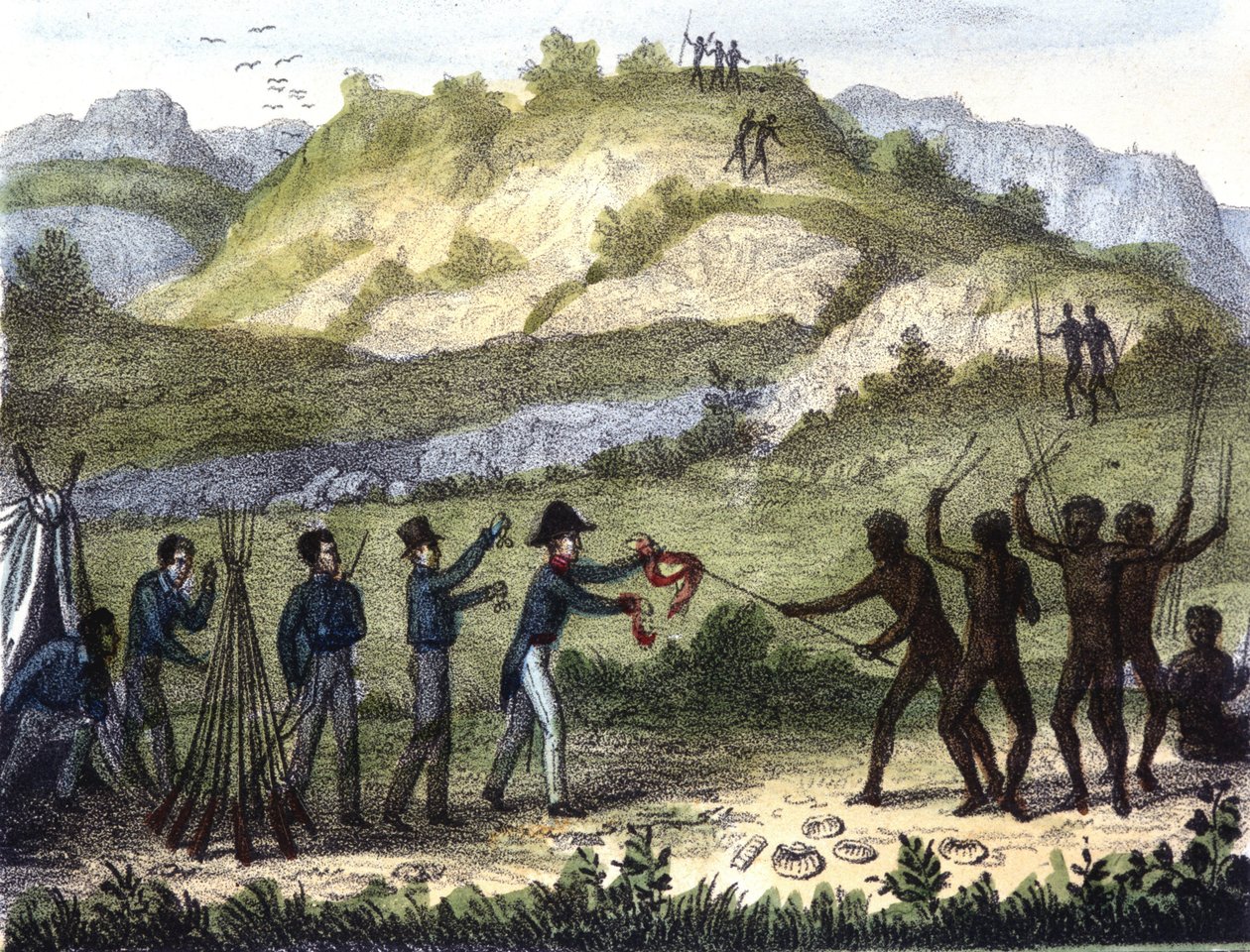 Byttebytte mellem de indfødte og vesterlændingene efter "" Razze e popoli della Terra", tidligt i det 19. århundrede. af Unknown artist