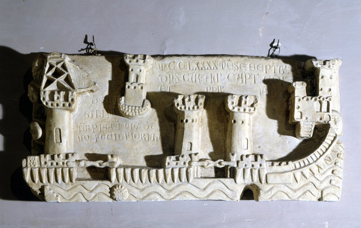 Bas-relief, der repræsenterer den gamle havn i Pisa. Vi bemærker kæderne, der blokerer adgangen til havnen, taget af Genova som et trofæ efter slaget ved Meloria mod Korsika. Genova, Peglis flådemuseum. 1290. af Unknown artist