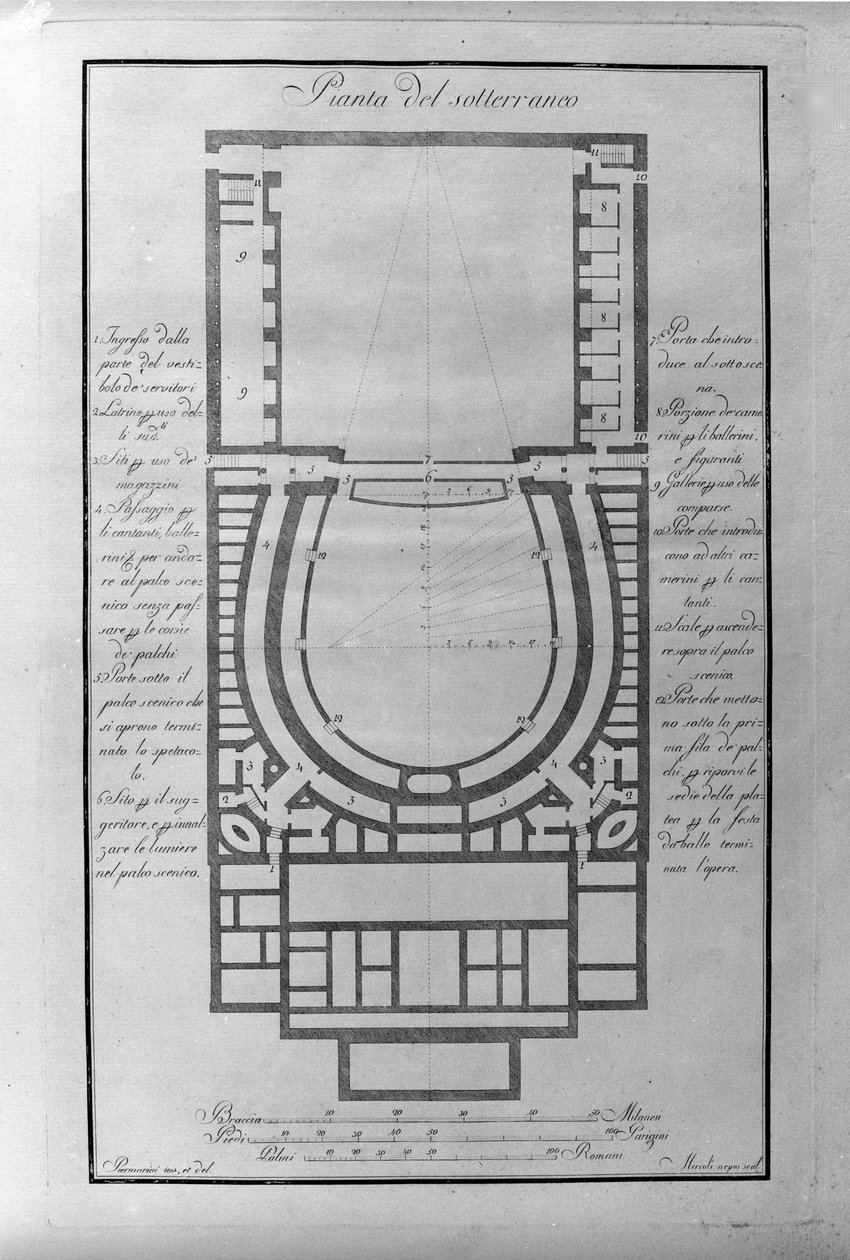 Kælderplan over teater de la Scala i Milano ca. 1776-1778 Italien (Teatro alla scala) (Arkitektonisk kort over undergrunden af teatret i Scala, Milano) Gravering af Unknown artist
