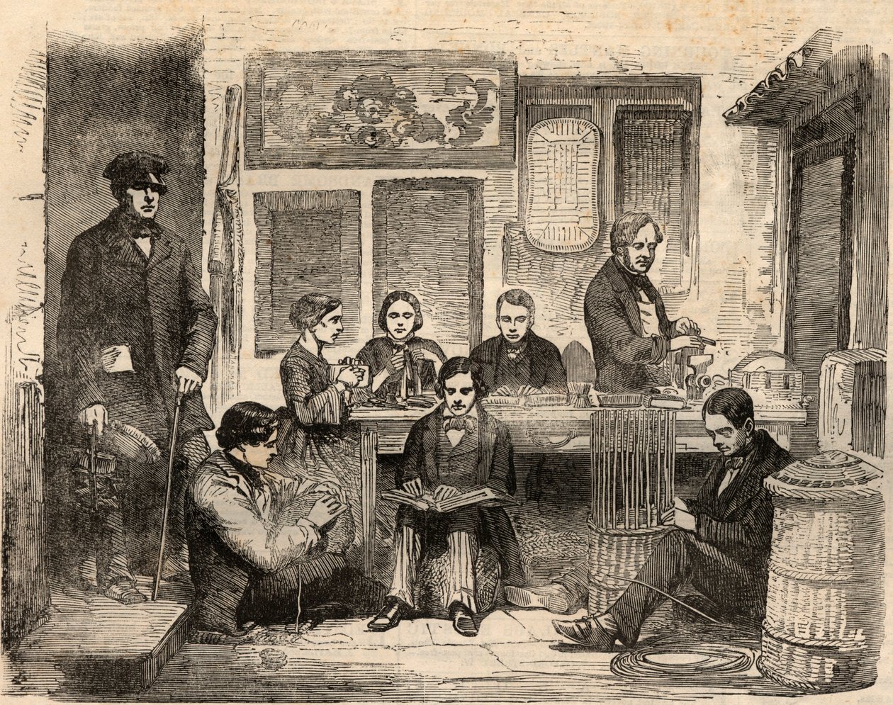 Kurve- og læseværksted for blinde placeret på Euston Road i London og organiseret af Association for Promoting the General Welfare of the Blind, en forening, der skal hjælpe blinde med at finde arbejde. Indgravering i "" The illustrated London News "" af 2 af Unknown artist