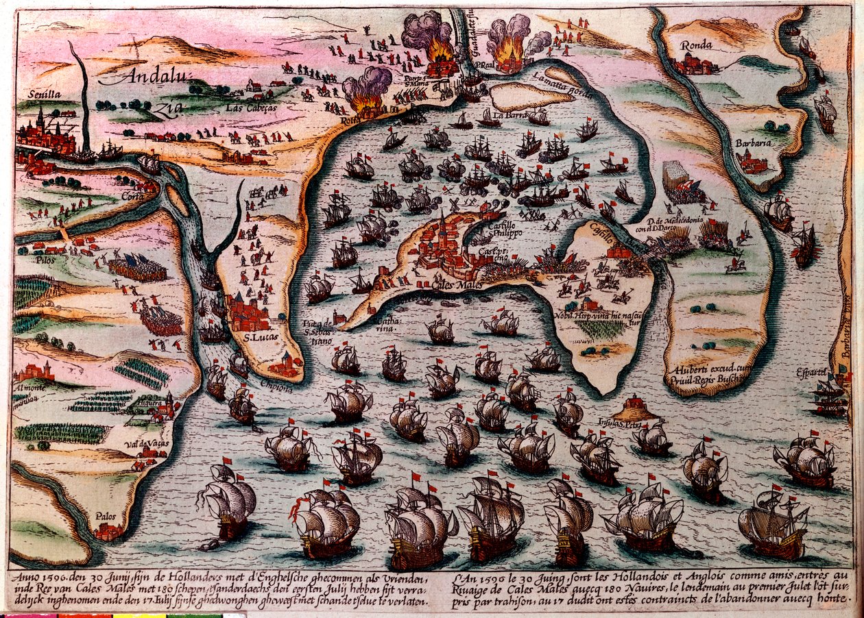 Battle Plan of Cales Males (Spanien) den 30. juni 1596. Den hollandske og engelske hærs flåde går ind som venner ved Cales Males med 180 skibe. Næste dag 1. juli, overrasket af forræderi, måtte de forlade byen med skam. Gravering af Unknown artist