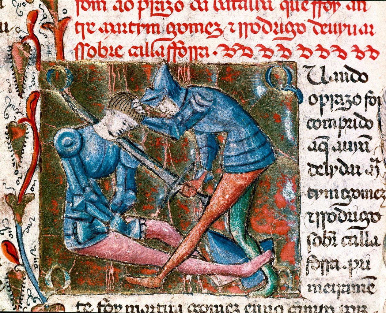 Kamp mellem Rodrigo Diaz de Vivar dit Le Cid (1043-1099) og Martin Gomez. Miniaturebillede "" Chronicles of Spain"" af Unknown artist