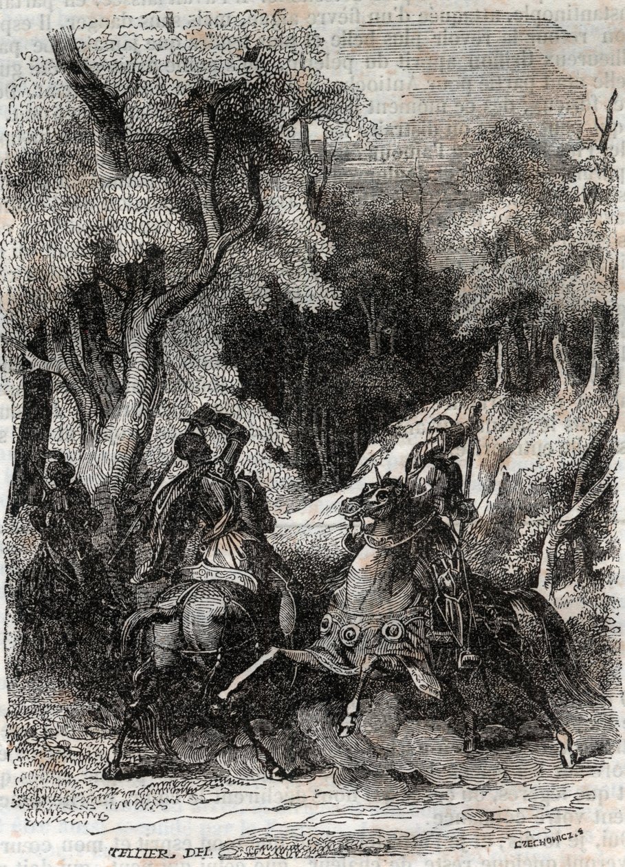 Slaget mellem Roland og Ferragus - indgravering af 1851 fra "" Furious Roland"" (Orlando furioso) (1500-tallet) af Ludovico Ariosto, kendt som Ariosta - Udgave oversat fra italiensk af greven af Tressan og udgivet af Gustave Harvard 1851 af Unknown artist