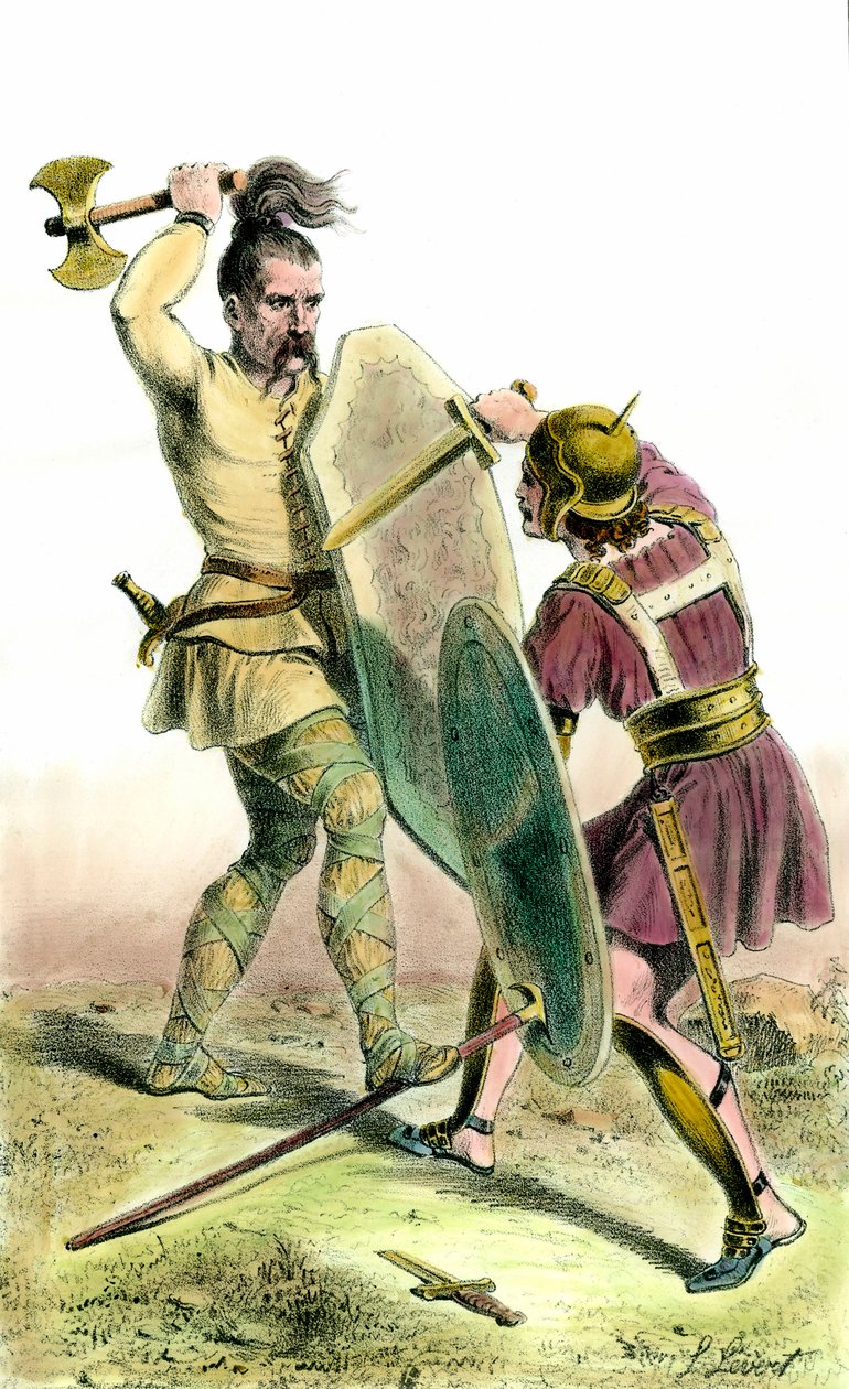 Kamp mellem en Franc-soldat og en romersk soldat. 1800-tals gravering privat samling af Unknown artist