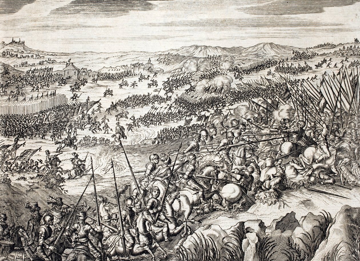 Slaget ved Gembloux (1578) (Slaget ved Gembloux) Spansk hær mod hæren af 16 af de sytten provinser i Holland - indgravering i "Histoire De La Guerre Des Paisles-Bas" af Famiano Strada (1572-1649) af Unknown artist