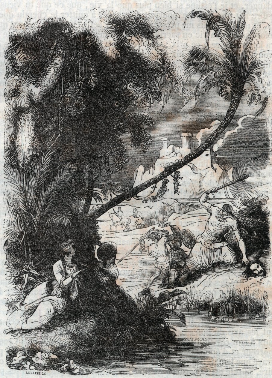 Slaget ved Griffon og Aquilant mod Orrile - indgravering af 1851 fra "" Furious Roland"" (Orlando furioso) (1500-tallet) af Ludovico Ariosto, kendt som Ariosta - Udgave oversat fra italiensk af greven af Tressan og udgivet af Gustave Harvard af Unknown artist
