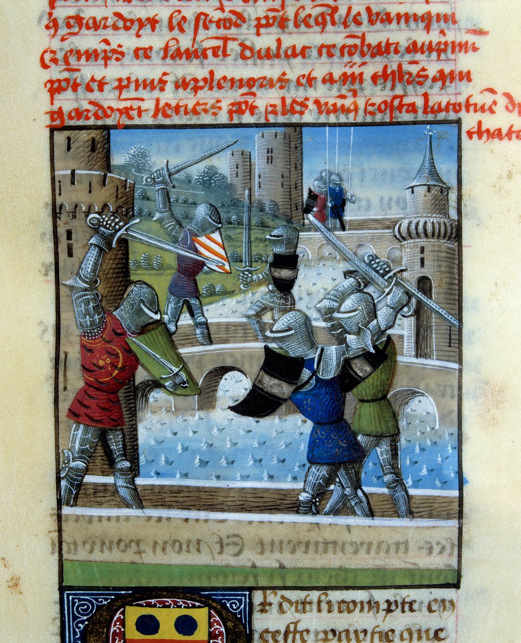 Slaget ved ridderne Palamede og Artus. Miniature i Roman Du Grail af Unknown artist