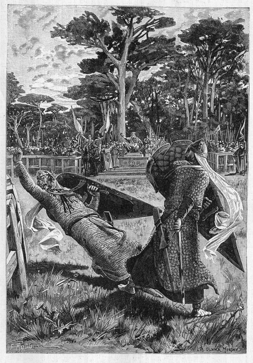 Slaget ved ridderne Pinabel og Thierry i middelalderen (middelalderen) i Frankrig. Illustration af romanen "La chevalerie"" af Leon Gautier (1832-1897). Gravering i "" Le Monde Illustré"" af Unknown artist