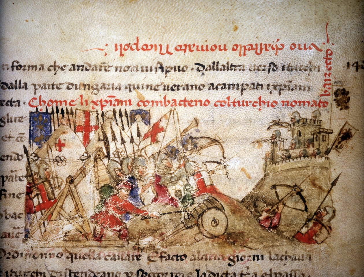 Slaget ved Nicopolis: de kristnes nederlag af Bayazid I (Tyrkiet), den 28/09/1396 - i "" Croniche del Sercambi"", omkring 1400. Nationalarkivet, Lucca. af Unknown artist
