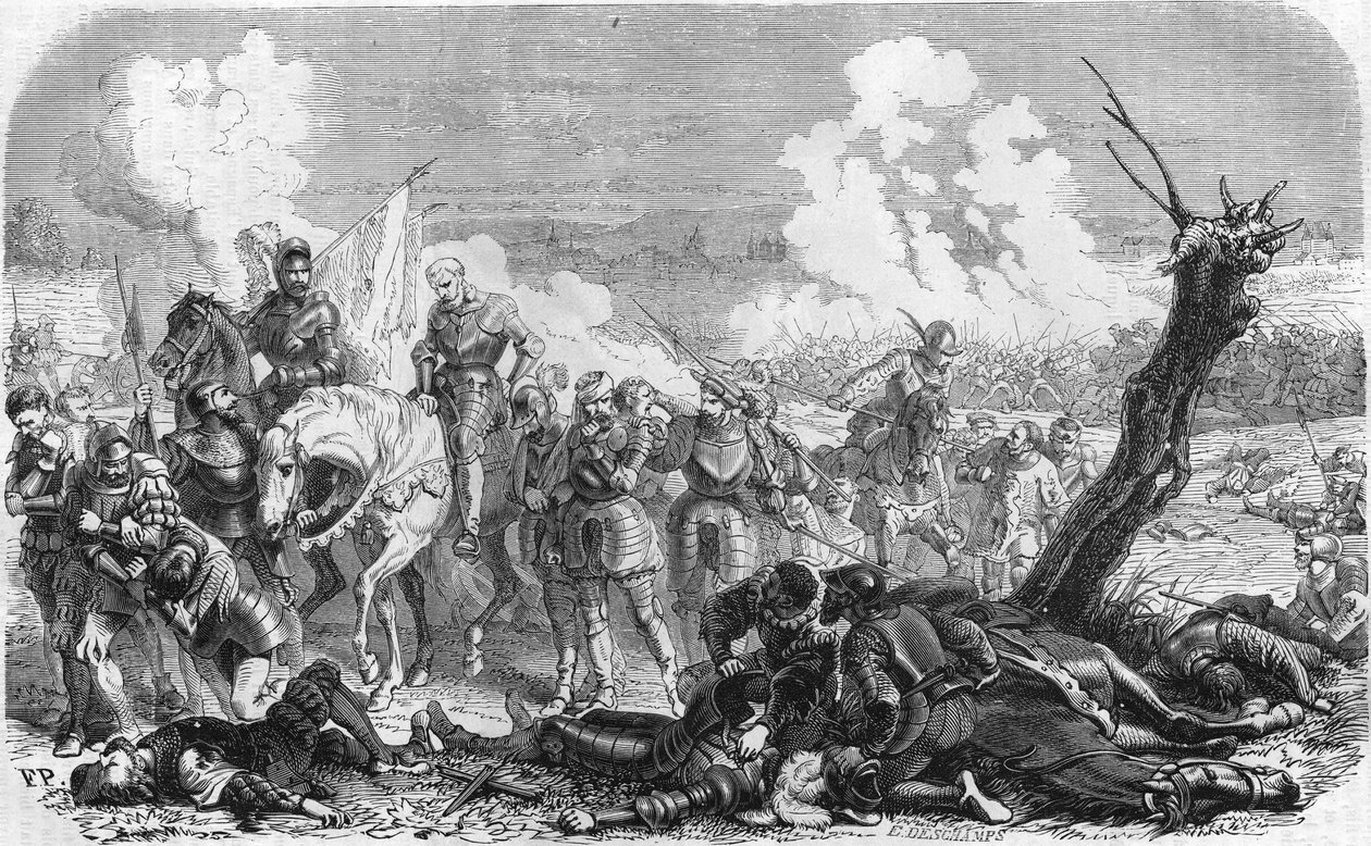 Slaget ved Saint Quentin i 1557, en episode af den lange krig, der modsætter sig Kongeriget Frankrig og Spanien. Gavure fra det 19. århundrede. af Unknown artist