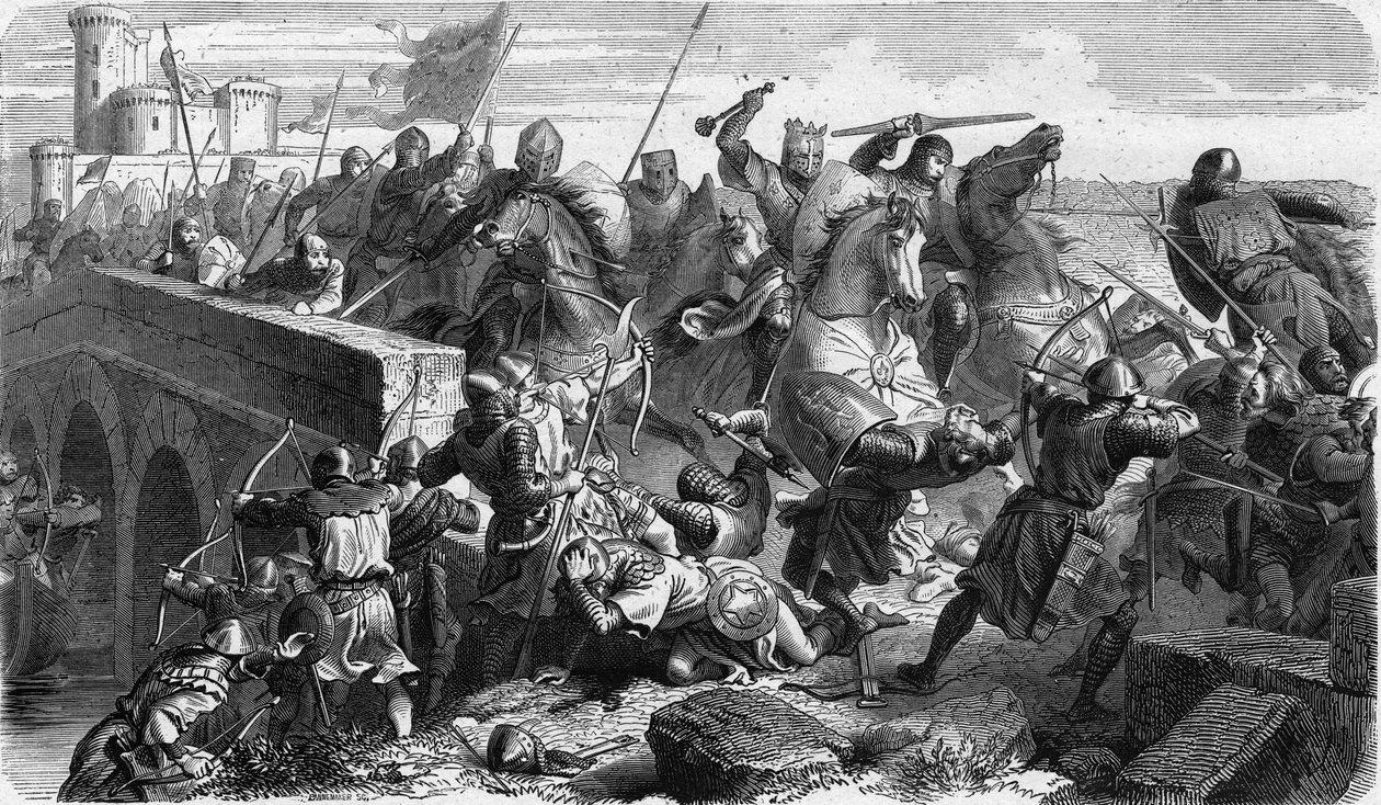 Slaget ved Taillebourg modsatte i 1242 de capetiske tropper fra kongen af Frankrig Louis IX (Saint Louis, Saint Louis) og hans bror greven af Poitiers Alphonse mod dem af deres vasaloprør, Henrik III af England og Hugues X af Lusignan af Unknown artist