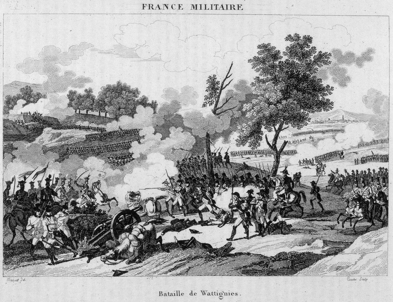 Slaget ved Wattignies: Jourdan og Carnot vandt sejren for at låse op for byen Maubeuge belejret af østrigerne, oktober 1793. Indgravering af det 19. århundrede. af Unknown artist