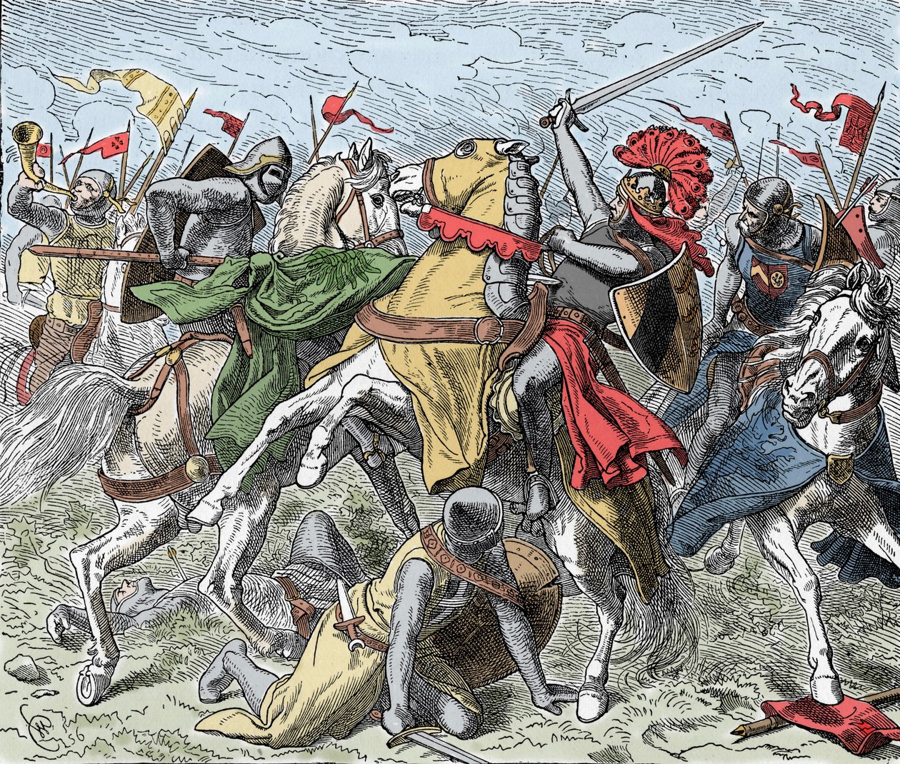Battle on the Elster: Rudolf of Swabia Mortally Wounded - Revolt of the Saxons (1073-1075): Rodolph of Rheinfelden (ca. 1025-1080), hertug of Swabia og antiking af romerne bliver dødeligt såret i et slag nær Elster, mod tropperne af Henrik IV af af Unknown artist