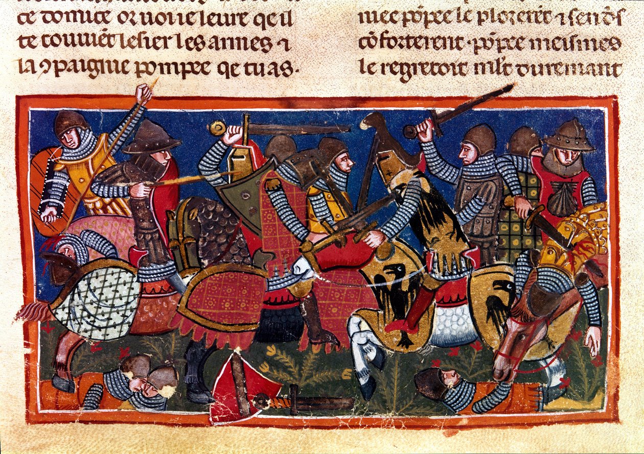 Kampscene Miniature fra en fransk kodeks på pergament "Fakta om romerne"", der fortæller den antikke historie op til Jules Cesar (101 f.Kr.-44 f.Kr.). Venedig fra det 13. århundrede, biblioteca Marciana af Unknown artist