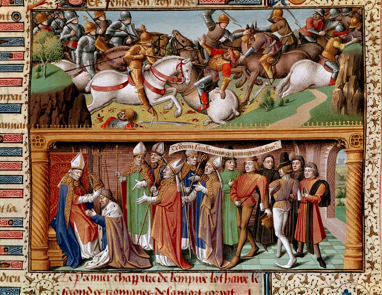 Kampscene og kroning af kejser Lothary II af Supplinburg (1075-1137) Miniature i "" Det historiske spejl"" (Speculum Historiale) (ms. 1196 fol. 245 r.) af Vincent de Beauvais (11. af Unknown artist