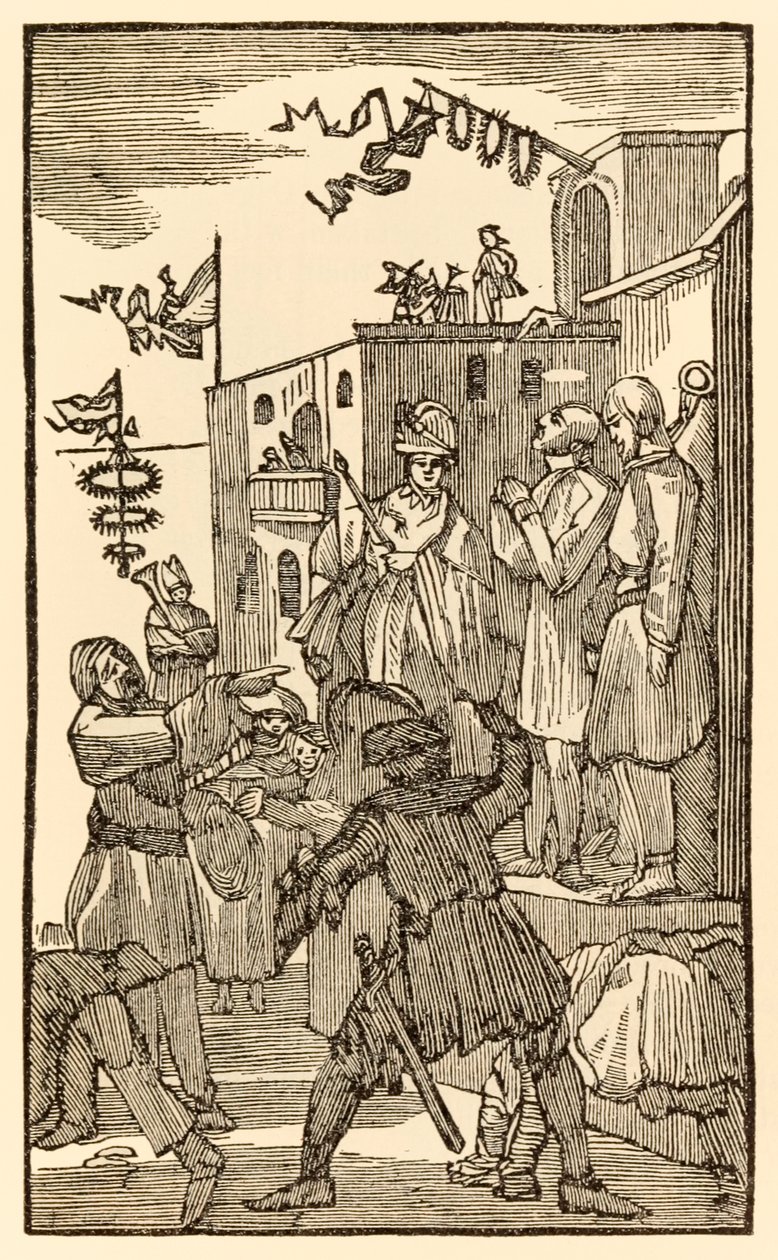 Se Vanity Fair! fra The Pilgrims Progress From This World, To That What Is To Come af John Bunyan (1628-1688) Christian går ind i byen Vanity Fair og ser andre pilgrimme i lænker. af Unknown