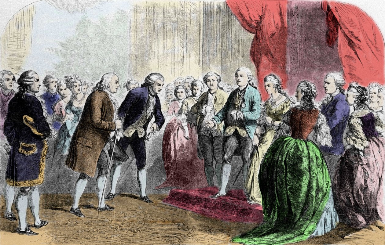 Benjamin Franklin (1706-1790), filosof, fysiker og amerikansk ambassadør modtaget af kongen af Frankrig Louis XVI, 6. februar af Unknown artist