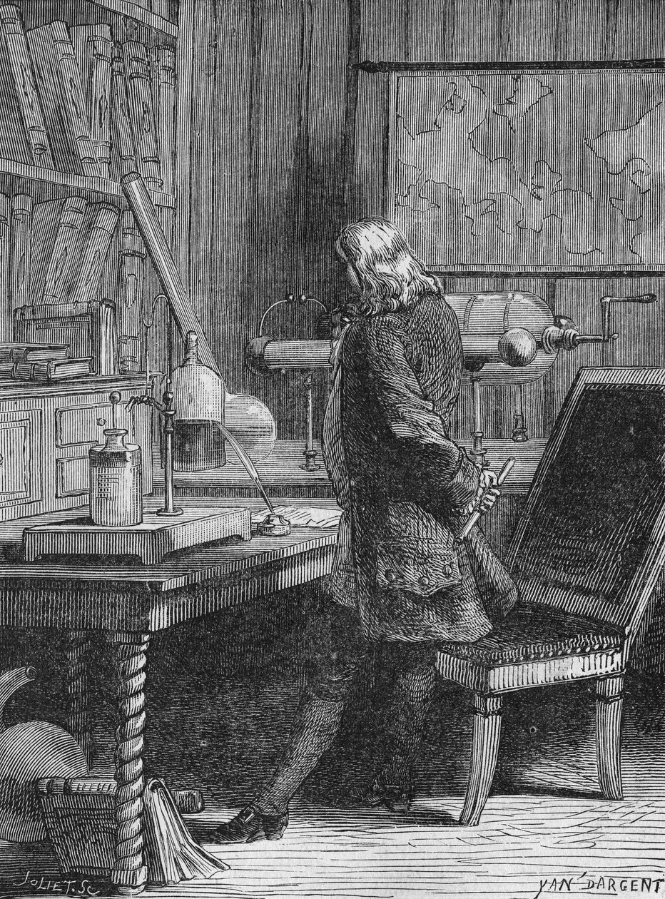 Benjamin Franklin i sit fysiklaboratorium i Philadelphia. I "Album of Science"", Editions Jouvet af Unknown artist