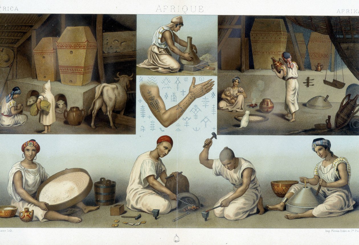 Berbers Kabyles: interiør i et hjem Kabyle - industri - tatoveringer - i "" Le costume historique"" af Racinet af Unknown artist