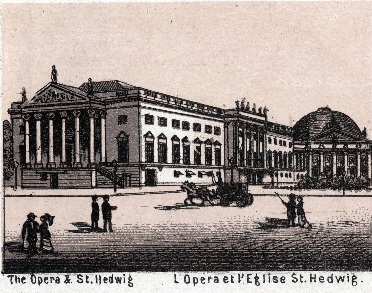 Berlin, Tyskland: udsigt over operaen og kirken St. Hedwig (Opera og Saint Hedwig). i "" Verden illustrerer 168 visninger"" Udateret (slutningen af 1800-tallet) af Unknown artist