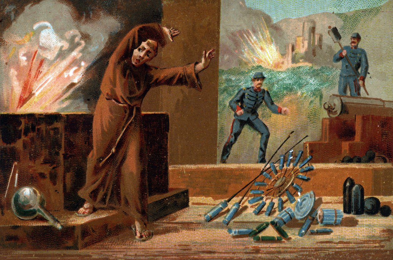 Berthold Schwartz (cirka 1318-cirka 1384), tysk kemiker, opfinder af krudt og franciskanermunk. Kromolitografi af det 19. århundrede af Unknown artist