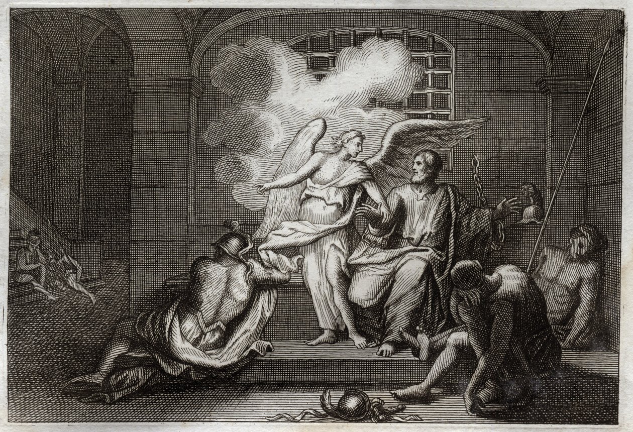 Bible of Royaumont, Det Nye Testamente: Saint Peter Delivre de prison. Sankt Peter bliver løsladt fra fængslet om natten af en engel. Illustration fra 1811. af Unknown artist