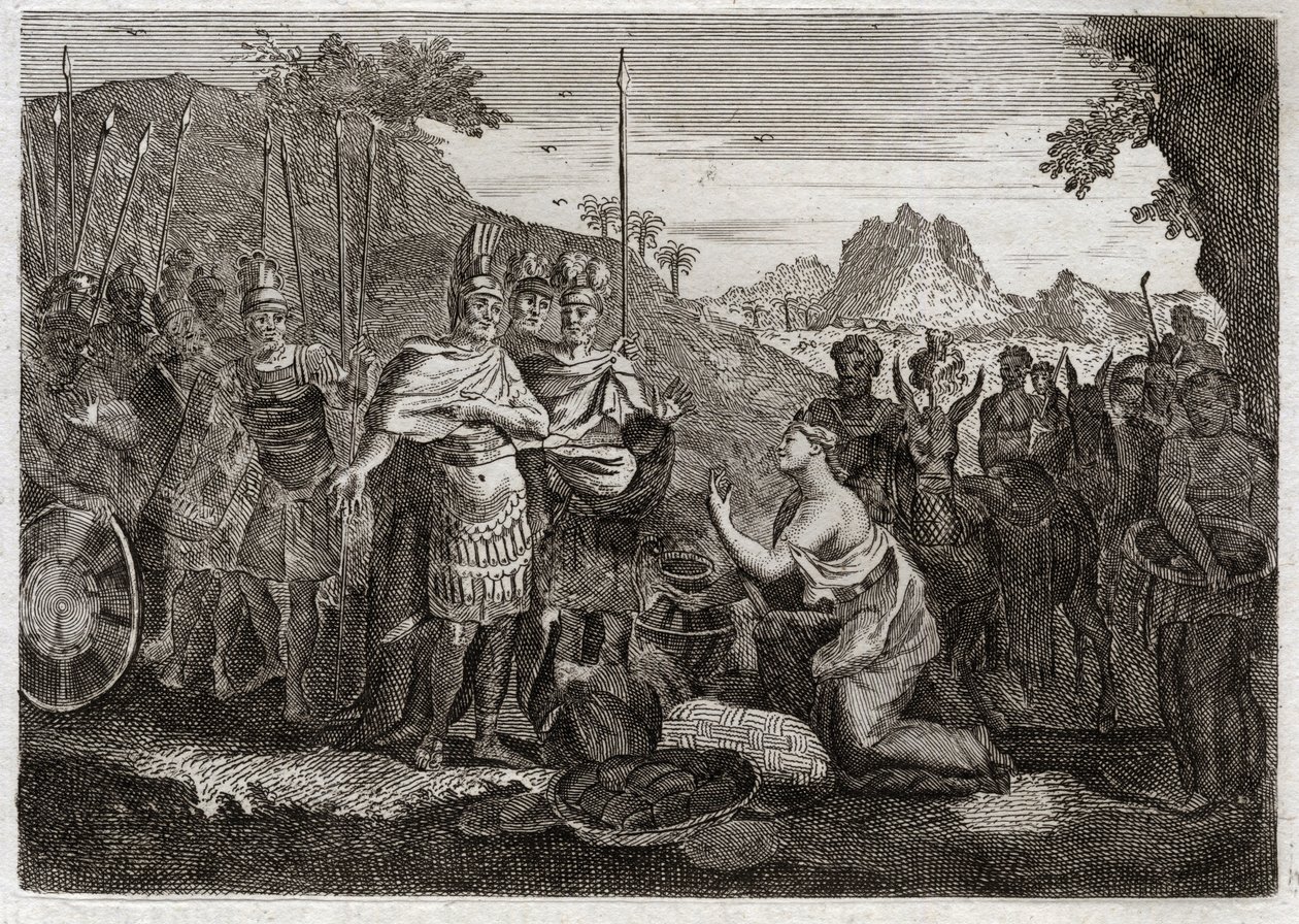 Bible of Royaumont, Gamle Testamente: Abigail. Abigail, Nabals kone, dulmer Davids vrede med sin visdom. Illustration fra 1811. af Unknown artist