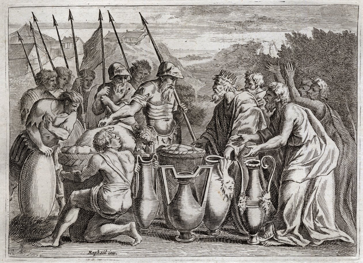 Bible of Royaumont, Gamle Testamente: Abraham udfrier Loth. Abraham redder sin nevø Loth fra fjendernes hænder. Ypperstepræsten Melkisedek (Melkisedek eller Melkisedek eller Melkisedek eller Melkisedek eller Melkisedek) benit. Kongen af ​​Sodoma tilbød ham af Unknown artist