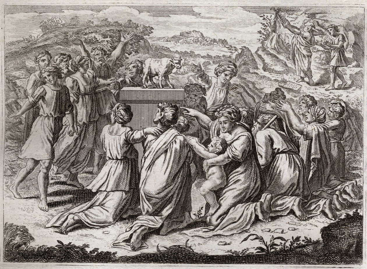 Bible of Royaumont, Gamle Testamente: Tilbedelse af den gyldne kalv. Da Moses så hebræerne og guldkalven, bryder han lovens tavler. Illustration fra 1811. af Unknown artist