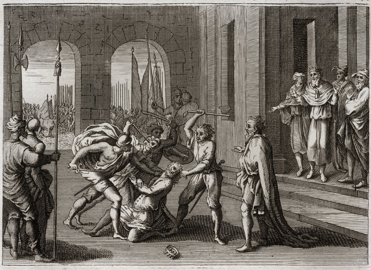 Bible of Royaumont, Det Gamle Testamente: Agag redder. Saul reddede, imod Guds befaling, Amalekiternes konge Agag. Gud får ham til at vidne om sin vrede ved Samuel, som reparerede Sauls fejl ved at dræbe Agag. Illustration fra 1811. af Unknown artist